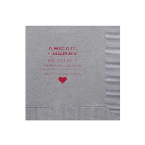 Enhance your event with Fun Facts about the Newlyweds Block Caps Bold Heart Wedding Napkin, a delightful series that reveals engaging trivia about the couple. Each napkin, adorned with their names in all caps block lettering, invites guests into their unique love story, sparking joyous conversations. A bold heart at the bottom serves as a poignant exclamation mark! 