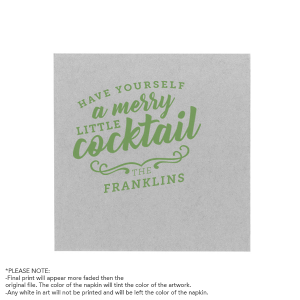 Personalized White Ink Printed Cocktail Napkin with Matte Moss Green Ink Digital Print Colors has a Merry Little Cocktail graphic and is good for use in Drinks, Holiday and Christmas themed parties and couldn't be more perfect. It's time to show off your impeccable taste.