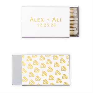 ForYourParty's personalized Natural Frost White Classic Matchbox with Shiny 18 Kt Gold Foil has a Diamond Pattern graphic and is good for use in Accents, Full Bleed, Wedding themed parties and can't be beat. Showcase your style in every detail of your party's theme!