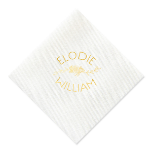 Personalize this White napkin with Shiny 18Kt Gold as a delicate floral statement for your bridal shower, engagement party or wedding. Our English Rose Garden graphic gives just the right touch to accent your names!