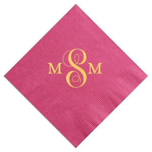The Curly Monogram Napkin features intertwined initials centered in elegant calligraphy for a refined tabletop accent. Choose it to elevate place settings with a polished, personalized touch that guests notice. Lovely for weddings or cocktail hours.
