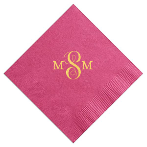 The Curly Monogram Napkin features intertwined initials centered in elegant calligraphy for a refined tabletop accent. Choose it to elevate place settings with a polished, personalized touch that guests notice. Lovely for weddings or cocktail hours.
