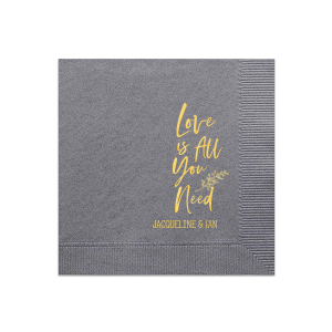 Personalized Dove Gray Luncheon Napkin with Shiny 18 Kt Gold Foil has a Leaf graphic and is good for use in Love and Wedding themed parties and are a must-have for your next event—whatever the celebration!