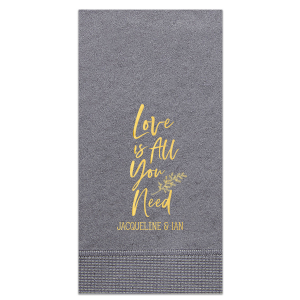 Personalized Dove Gray Luncheon Napkin with Shiny 18 Kt Gold Foil has a Leaf graphic and is good for use in Love and Wedding themed parties and are a must-have for your next event—whatever the celebration!