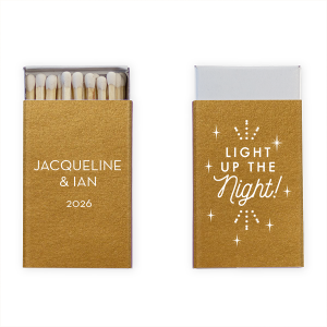 Our custom Metallic 18 Karat Gloss Gold Classic Matchbox with Matte White Foil has a Light the Night graphic and is good for use in Wedding, Words, Anniversary themed parties and will add that special attention to detail that cannot be overlooked.