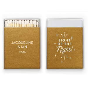 Our custom Metallic 18 Karat Gloss Gold Classic Matchbox with Matte White Foil has a Light the Night graphic and is good for use in Wedding, Words, Anniversary themed parties and will add that special attention to detail that cannot be overlooked.