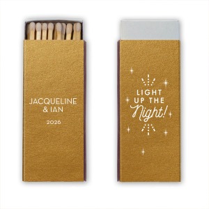 Our custom Metallic 18 Karat Gloss Gold Classic Matchbox with Matte White Foil has a Light the Night graphic and is good for use in Wedding, Words, Anniversary themed parties and will add that special attention to detail that cannot be overlooked.