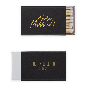 Shout from the rooftops with the We're Married Script Matchbox design, where 'We're Married!' is boldly scripted on the front, exuding pure happiness. On the reverse, the couple's names and wedding date in sleek block print add a stylish touch, perfectly embodying the excitement of the big day.
