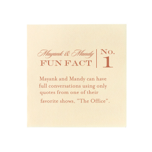 Spark curiosity at your celebration with the Classic Fun Fact Napkin artfully pairing your names in whimsical script with a numbered series of engaging facts. These napkins unfold your story, inviting guests to connect over shared discoveries.
