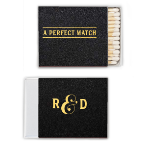 The A Perfect Matchbox design exudes elegance with its club-like vibe. ‘A PERFECT MATCH’ is boldly framed as a sophisticated statement of fact. The side panel playfully presents the couple’s initials in bold block letters, linked by a shadowed, 3D-styled ampersand. A design blend of classic and creative.