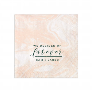 Our personalized Marble Blush Cocktail Napkin with Matte Spruce Foil will make your guests swoon. Personalize your party's theme today.