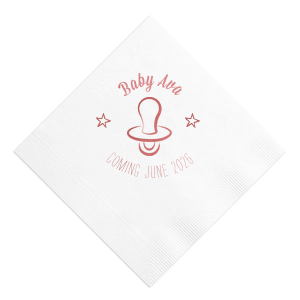 Swaddle your celebration in cuteness with the Baby Pacifier Napkin, featuring a charming pacifier flanked by twinkling stars. Perfect for cooing over future giggles and cuddles, this napkin adds a sweet touch to your joyous baby-themed bash.