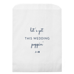 The Poppin' Wedding Bag features playful mixed typography with casual script reading “let’s get poppin’” and clean block lettering reading “this wedding,” for a fun, modern look. Grab it to add personality and humor to your celebration favors. Just right for wedding receptions!