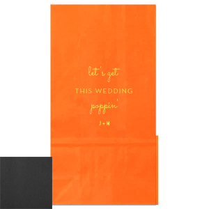 The Poppin' Wedding Bag features playful mixed typography with casual script reading “let’s get poppin’” and clean block lettering reading “this wedding,” for a fun, modern look. Grab it to add personality and humor to your celebration favors. Just right for wedding receptions!