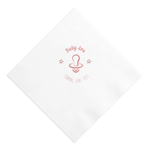 Swaddle your celebration in cuteness with the Baby Pacifier Napkin, featuring a charming pacifier flanked by twinkling stars. Perfect for cooing over future giggles and cuddles, this napkin adds a sweet touch to your joyous baby-themed bash.