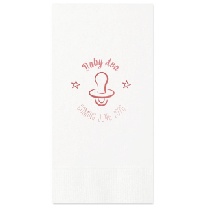 Swaddle your celebration in cuteness with the Baby Pacifier Napkin, featuring a charming pacifier flanked by twinkling stars. Perfect for cooing over future giggles and cuddles, this napkin adds a sweet touch to your joyous baby-themed bash.
