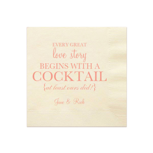 Our custom White Ink Printed Cocktail Napkin with Matte Light Coral Ink Digital Print Colors will make your guests swoon. Personalize your party's theme today.