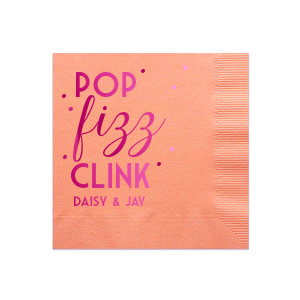 The Deco Stacked Pop Fizz Clink Name Napkin adds a burst of celebration with its dynamic typography. Pop, clink, and fizz create a visual toast, accented by floating dots reminiscent of champagne bubbles. This lively design is grounded by the celebrants' names, making every clink of the glass a personal cheer.