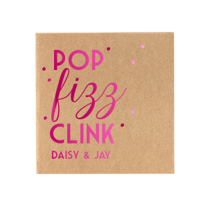The Deco Stacked Pop Fizz Clink Name Napkin adds a burst of celebration with its dynamic typography. Pop, clink, and fizz create a visual toast, accented by floating dots reminiscent of champagne bubbles. This lively design is grounded by the celebrants' names, making every clink of the glass a personal cheer.