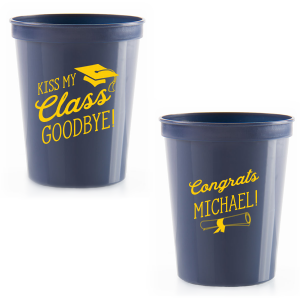 Our custom Navy 16 oz Stadium Cup with Matte Sunflower Ink Cup Ink Colors has a Cap graphic and a Graduation Scroll graphic and is good for use in Graduation themed parties and are a must-have for your next event—whatever the celebration!