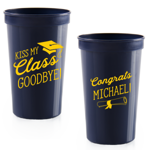 Our custom Navy 16 oz Stadium Cup with Matte Sunflower Ink Cup Ink Colors has a Cap graphic and a Graduation Scroll graphic and is good for use in Graduation themed parties and are a must-have for your next event—whatever the celebration!