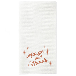 Celebrate with a touch of retro flair using the Groovy Script Names Napkin. This design centers the couple’s names in a standout marquee style, evoking the coolness of a bygone era. The names are brilliantly highlighted by starburst stars, adding a fun and nostalgic vibe to any celebration.