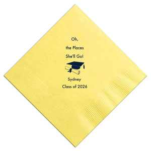 Our custom Pastel Yellow Cocktail Napkin with Matte Leaf Foil has a Cap and Scroll graphic and is good for use in Graduation themed parties and will add that special attention to detail that cannot be overlooked.