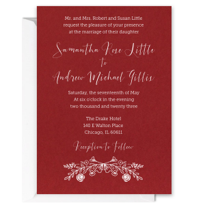 ForYourParty's personalized Lettra Pearl White 110lb Invitation with Black Ink Letterpress Inks has a Rose Laurel graphic and is good for use in Wedding, Floral themed parties and can be customized to complement every last detail of your party.