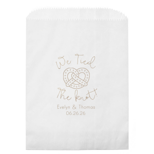 Our custom White Party Bag with Shiny Champagne Foil has a Pretzel graphic and is good for use in Food, Kid Birthday themed parties and will impress guests like no other. Make this party unforgettable.