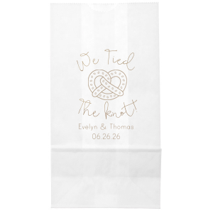Our custom White Party Bag with Shiny Champagne Foil has a Pretzel graphic and is good for use in Food, Kid Birthday themed parties and will impress guests like no other. Make this party unforgettable.