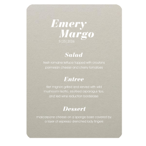 ForYourParty's elegant Natural Gray Rounded Corner Menu with Matte White Foil will impress guests like no other. Make this party unforgettable.