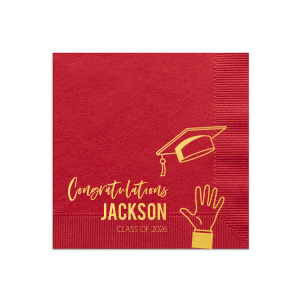 Capture the exhilarating moment of achievement with the Cap Toss Graduation Congratulations Napkin. It features a spirited depiction of a graduation cap mid-air, symbolizing both an end and a new beginning. Emblazoned with "Congratulations," the graduate's name, and class date, this design radiates the vibrant energy of commencement celebrations.