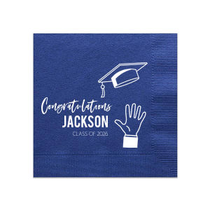 Capture the exhilarating moment of achievement with the Cap Toss Graduation Congratulations Napkin. It features a spirited depiction of a graduation cap mid-air, symbolizing both an end and a new beginning. Emblazoned with "Congratulations," the graduate's name, and class date, this design radiates the vibrant energy of commencement celebrations.