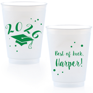 Celebrate commencement with the Good Luck Grad Cup, featuring a soaring graduation cap against a shower of confetti. 'Best of Luck' wishes on the back, alongside the graduate's name, toast to future endeavors with exuberant cheer.