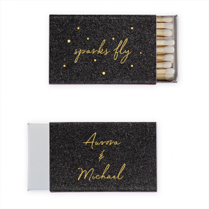 Ignite romance with the Sparks Fly Confetti Name Match, capturing the thrill of love's spark. The design playfully features "sparks fly" in whimsical, lower-case script, embellished with dot confetti to mimic flying sparks. The other side displays the couple's first names. This design symbolizes the exciting spark that lights up their love. 