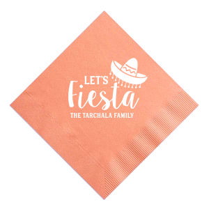 The Let's Fiesta Napkin brims with party spirit! Its lively design, featuring "Fiesta" in a vibrant script accented by a cheerful sombrero, actively invites guests to join the fun. The hosting family's name below adds a personal touch, signaling it's time to celebrate in style.