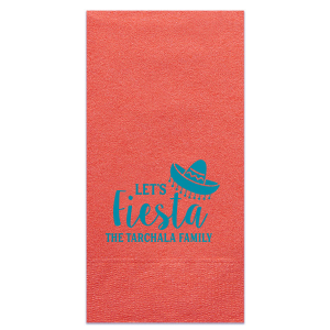 The Let's Fiesta Napkin brims with party spirit! Its lively design, featuring "Fiesta" in a vibrant script accented by a cheerful sombrero, actively invites guests to join the fun. The hosting family's name below adds a personal touch, signaling it's time to celebrate in style.