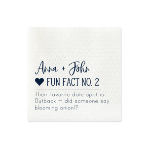 Enhance your event with Fun Facts about the Newlyweds Script Heart Wedding Napkin, a delightful series that reveals engaging trivia about the couple. Each napkin, adorned with their names in elegant script beside a bold heart, invites guests into their unique love story, sparking joyous conversations.