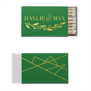 The ever-popular Natural Leaf Classic Matchbox with Shiny 18 Kt Gold Foil has a Branch graphic and a Geometric Bleed graphic and is good for use in Trendy Wedding, Anniversary and Shower themed parties and can be personalized to match your party's exact theme and tempo.