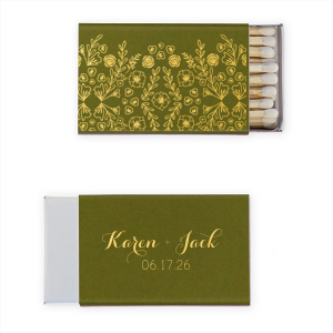 The Charming Garden Pattern Name Match is a charming celebration of nature and romance. This design is adorned with a whimsical garden scene, lush with floral splendor, symbolizing growth and beauty. The reverse side features the couple's names and event date, seamlessly blending the enchantment of a botanical garden with the personal touch of the couple. 