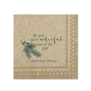 Embrace the holiday spirit with the Pine Christmas Family Name Napkin, where 'the most wonderful time of the year' unfurls beside a festive pine branch. Personalized with your family name, this napkin wraps each celebration in nostalgic cheer.