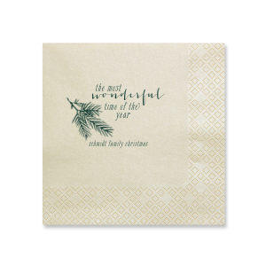 Embrace the holiday spirit with the Pine Christmas Family Name Napkin, where 'the most wonderful time of the year' unfurls beside a festive pine branch. Personalized with your family name, this napkin wraps each celebration in nostalgic cheer.