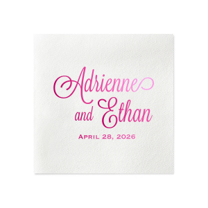 The Elegant Names Flourish Script Wedding Napkin features the couple's names in a stunning, elegant script, dramatically enhanced by ornate flourishes on the first initials. Below, in a subtle contrast, the event date is neatly presented in small, all-caps block letters, completing this elegant and dramatic design.