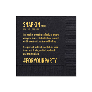 Dive into the playful spirit of social media with our SNAPkin Napkin, a clever twist blending functionality and fun. This napkin serves as a vibrant prompt for guests to snap and share their joy using the themed hashtag, while adeptly handling appetizers and spills. Perfect for engaging guests and amplifying your event's online presence.