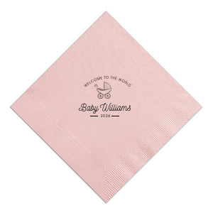 Embrace vintage charm with the Welcome to the World Baby Shower Napkin, featuring a hand-drawn baby carriage and classic script. This whimsical design offers a warm, nostalgic welcome for the newest addition, perfect for any baby shower.