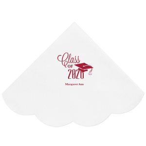 Celebrate academic achievement with the Class of Graduation Cap Napkin. It proudly showcases the class year in a bold mix of script and block lettering, topped with a playful graduation cap design. Beneath, the graduate's name adds a personal touch, making this napkin a fitting tribute to their accomplishment.