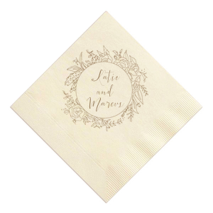 ForYourParty's elegant Ivory Cocktail Napkin with Shiny 18 Kt Gold Imprint Foil Color has a Peony Circle Frame graphic and is good for use in Floral themed parties and will give your party the personalized touch every host desires.