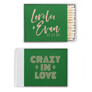 The Crazy In Love Matchbox design melds 1960s vintage charm with contemporary style. Featuring the couple's names in modern vibrant script. With the backside using exhilarating vintage font articulating "Crazy In Love," reflecting their euphoric love journey. A sophisticated yet playful tribute to timeless, exuberant love, it's visually stimulating and emotionally resonant.