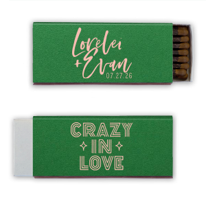 The Crazy In Love Matchbox design melds 1960s vintage charm with contemporary style. Featuring the couple's names in modern vibrant script. With the backside using exhilarating vintage font articulating "Crazy In Love," reflecting their euphoric love journey. A sophisticated yet playful tribute to timeless, exuberant love, it's visually stimulating and emotionally resonant.