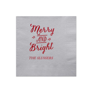Our beautiful custom Silver Shimmer Cocktail Napkin with Shiny Convertible Red Foil Color has a Merry and Bright graphic and is good for use in Christmas themed parties and can be customized to complement every last detail of your party.